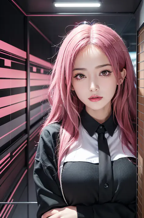 Arapei girl with pink hair and black shirt posing under her lips for a photo, Larisa Manobal, black-pink Josie, slightly round face, black-pink Larisa Manoban, she has a cute face, black-pink Josie portrait, wan cute Korean face, 8K selfie photo, Canon ful...