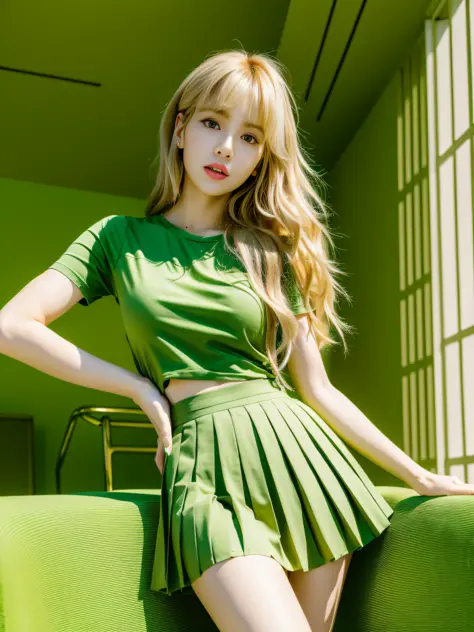 Lisa light yellow long hair, Lisa face shape, wearing green T-shirt, open waist, pleated skirt, long legs, masterpiece, excellen...