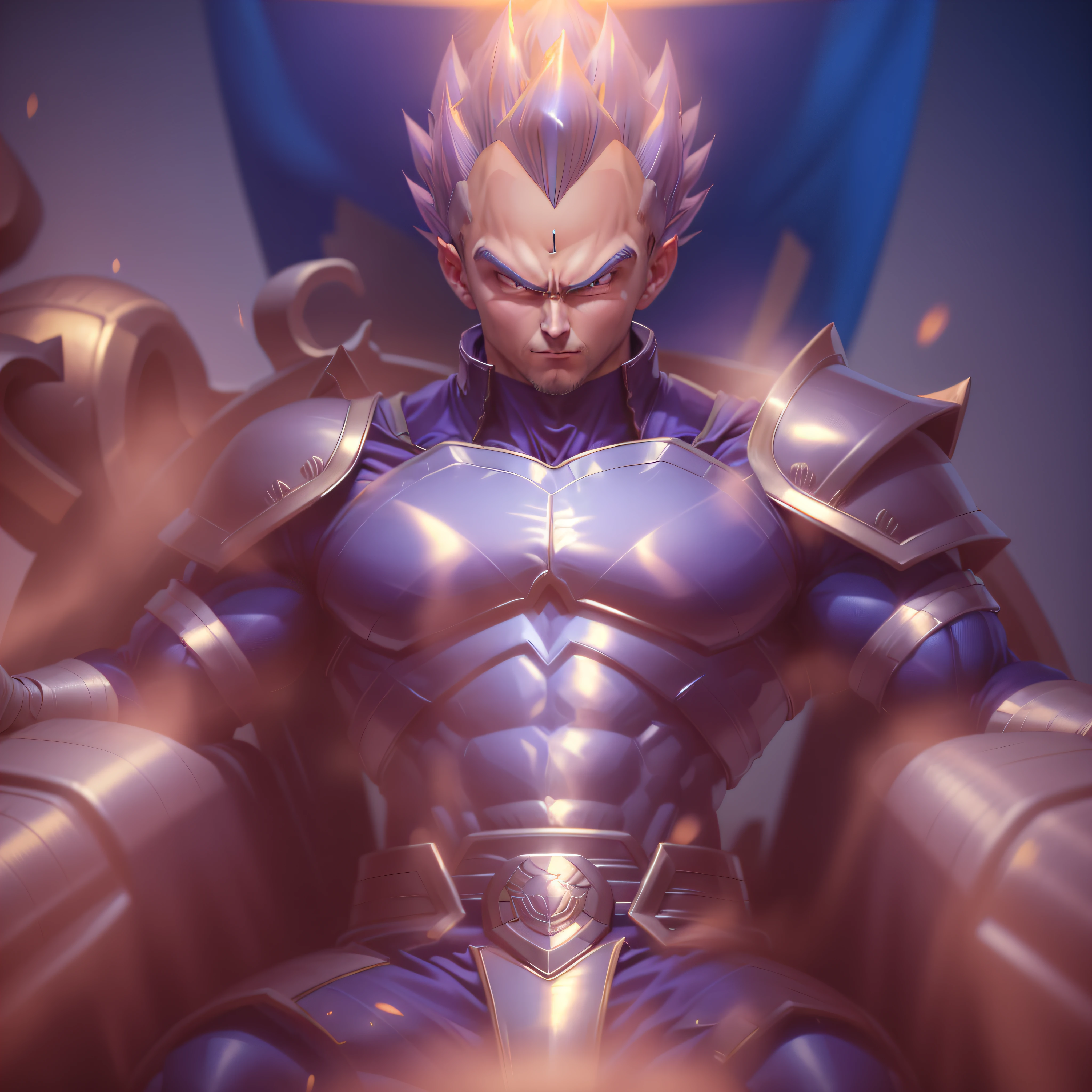 Create an image of Vegeta and with a silver breastplate armor sitting on a large, ultra relist throne, man sitting as king, a climate of tension, ultra realistic image, a king on his throne, gloomy image, throne all carved with seated warrior, man with serious countenance, king with hands on the throne supports, hyper detailed face,  low head with eyes fixed forward, hyper realistic hair, --auto --s2