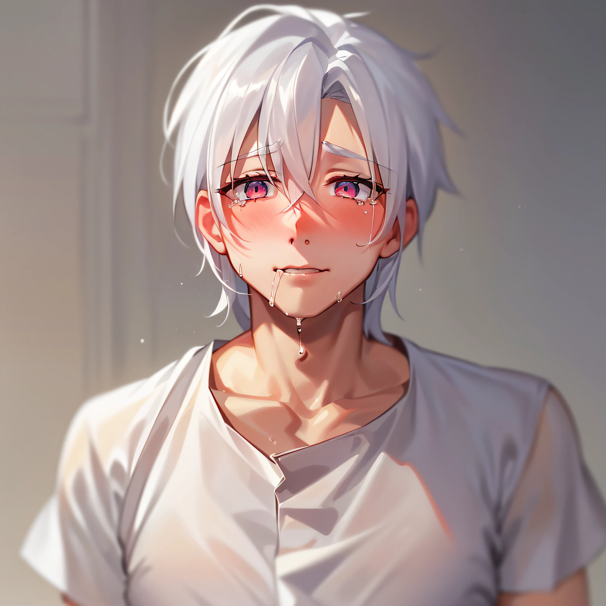 (A man with white hair wearing a white short-sleeved shirt, tears streaming down his face, mouth open, looking shy and blushing: 2.1)
(White-haired Man, Wide-eyed: 1.8)
(Tears, Emotional Expression: 2.0)
(Blushing, Shy Expression: 1.9)
(White Hair, White Shirt: 1.7)