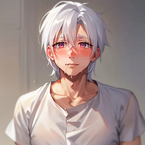 (A man with white hair wearing a white short-sleeved shirt, tears streaming down his face, mouth open, looking shy and blushing:...