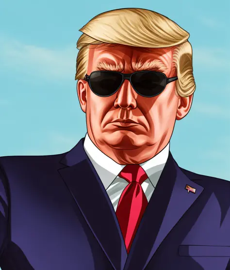 gta v style of donald trump, looking at the camera standing in a field, balenciaga style, sun glasses, full body, smoke a cigar