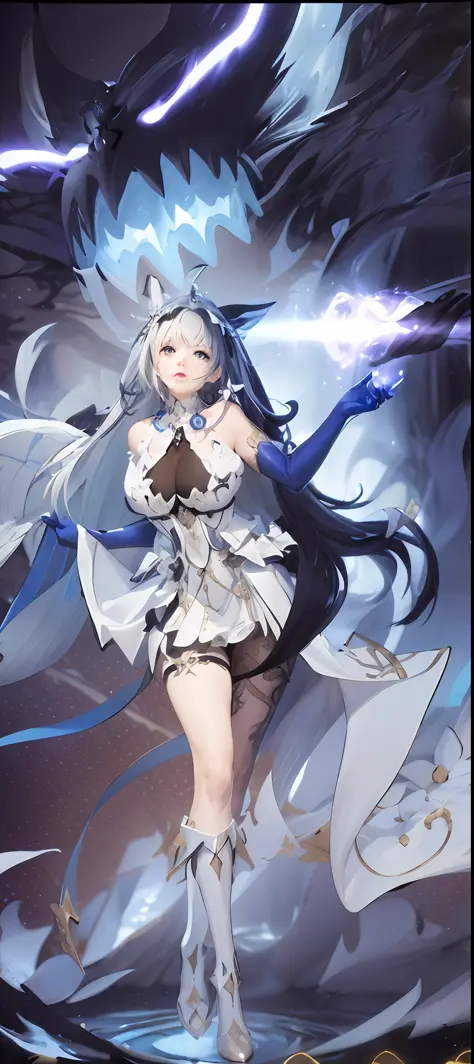 Masterpiece, black and white hair, white dress, dark mage, super detailed CG unity ultra HD wallpaper, the best picture quality, delicate and beautiful, floating in the gloom, strong light hair, sculptural pose, like a goddess, dark magic surrounds the bod...
