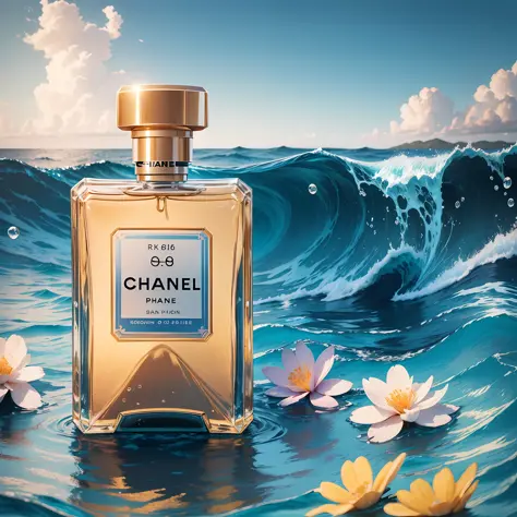 A Chanel perfume, in an ocean scene, with waves, water ripples 
and flowers,Sunlight, Natural Lighting, The Golden Mean,Quiet blue with colorful accents,Product photography,commercial photography,photorealistic, intricated details,32K, Telephoto lens, Sony...