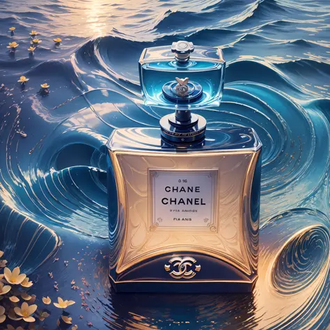 A Chanel perfume, in an ocean scene, with waves, water ripples 
and flowers,Sunlight, Natural Lighting, The Golden Mean,Quiet blue with colorful accents,Product photography,commercial photography,photorealistic, intricated details,32K, Telephoto lens, Sony...