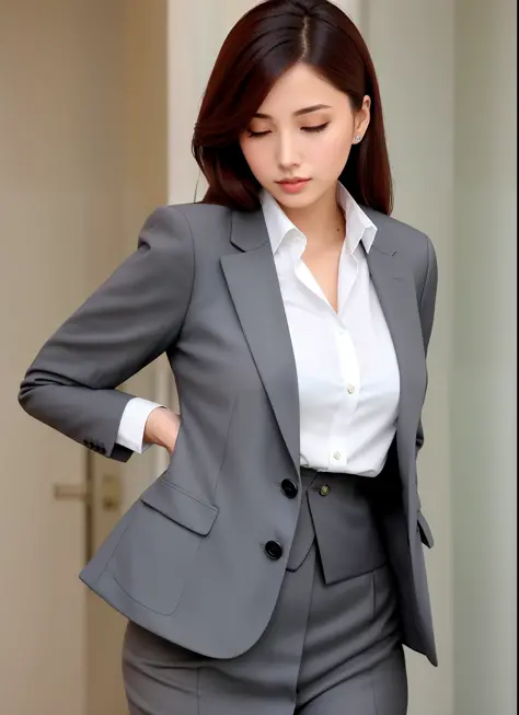 A woman, elegant, young, with elegant clothes, blazer
