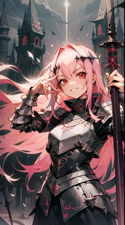 1girl, solo, pink hair, red eyes, black armor, knight, evil smile, gothic castle in the background, dark sky, thunderstorm, swor...