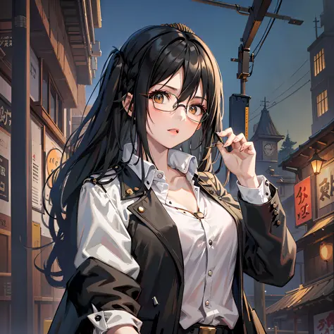 anime style, female with long black hair, sharp eyes, round glasses, short shotgun with both hands, wearing a black trench coat ...