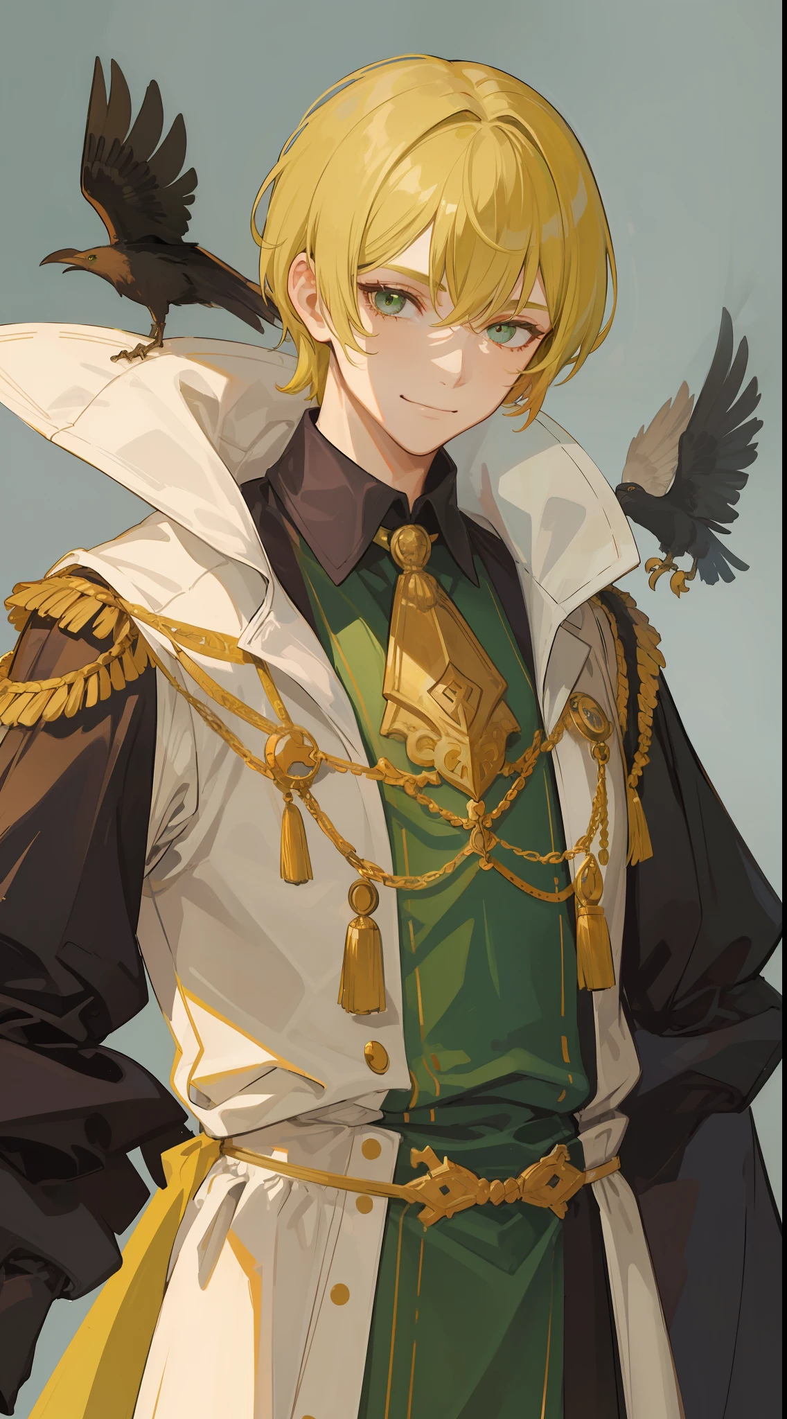 1Homem misterioso, olhos verdes, cabelo curto amarelo claro e ele usava roupas de rei decoradas com penas de corvo no pescoço, ele é o imperador ((Rosto de 41 anos)) ((Rosto sorridente)