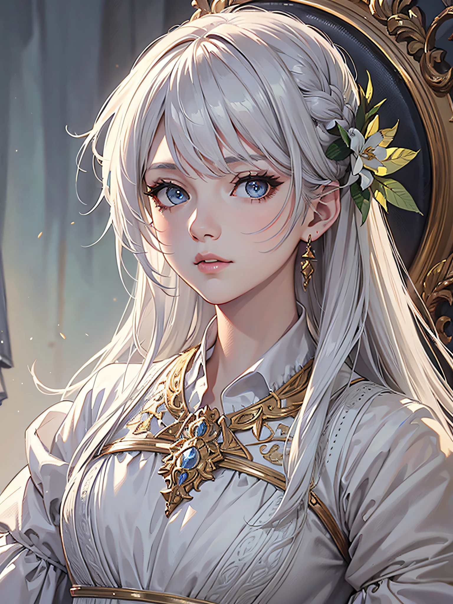 Trends on ArtStation, Trends on CGSociety, Intricate, High Detail, Sharp Focus, Dramatic, Realistic Art of Drawing by Midjourney and Greg Rutkowski, Sketch, Masterpiece, Best Quality, Very Detailed, 1girl, Half, Beautiful Meticulous Eyes, Cute Anime Face, Bust, Beautiful Meticulous Face, White Hair, (Botanical Illustration: 1.5), White Dress