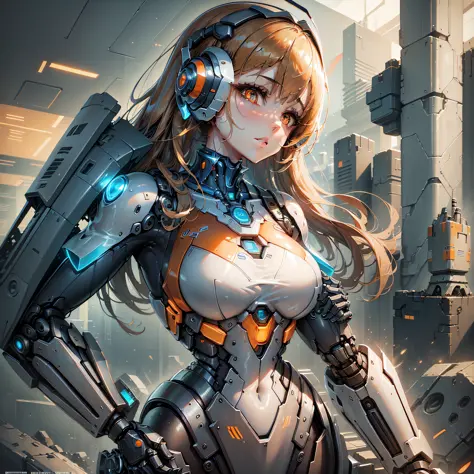Woman, megaman, robot, cybernetics. mechanical wonder, orange color, mechanical engineering background