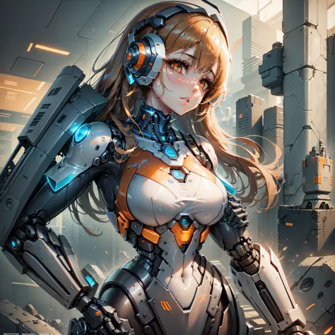 woman, megaman, robot, cybernetics. mechanical wonder, orange color, mechanical engineering background