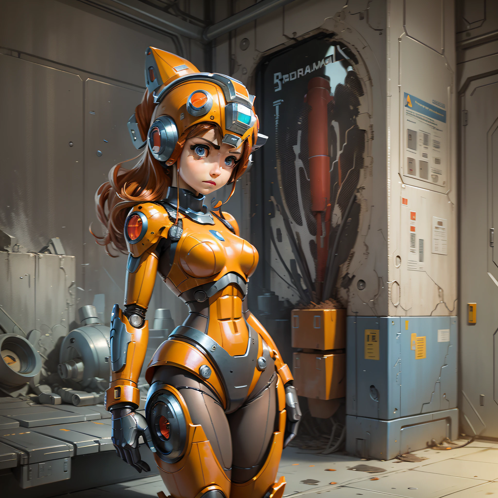 Woman, megaman, robot, cybernetics. mechanical wonder, orange color, mechanical engineering background