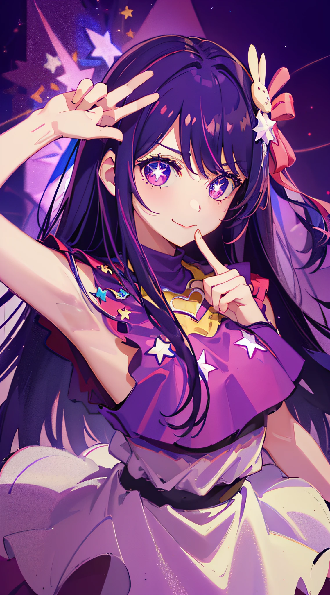1 girl, (masterpiece), (best quality), (super detail), fine detail, (depth of field), gloves, tongue stickout, tongue, long hair, star \ (symbol\), camera gaze, (purple hair: 1.2), purple eyes, upper body, hair ornament, :p, pink shirt, smile, sleeveless, shirt, idol, symbol pupil, hand raiser, bangs, one side up, star-shaped pupil, arm raiser, From above pulling the dress, peace sign