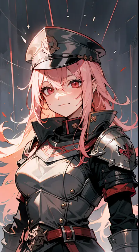 1girl, solo, pink hair, red eyes, black armor, german military uniform, world war 2, knight, evil smile, dark sky, thunderstorm,...