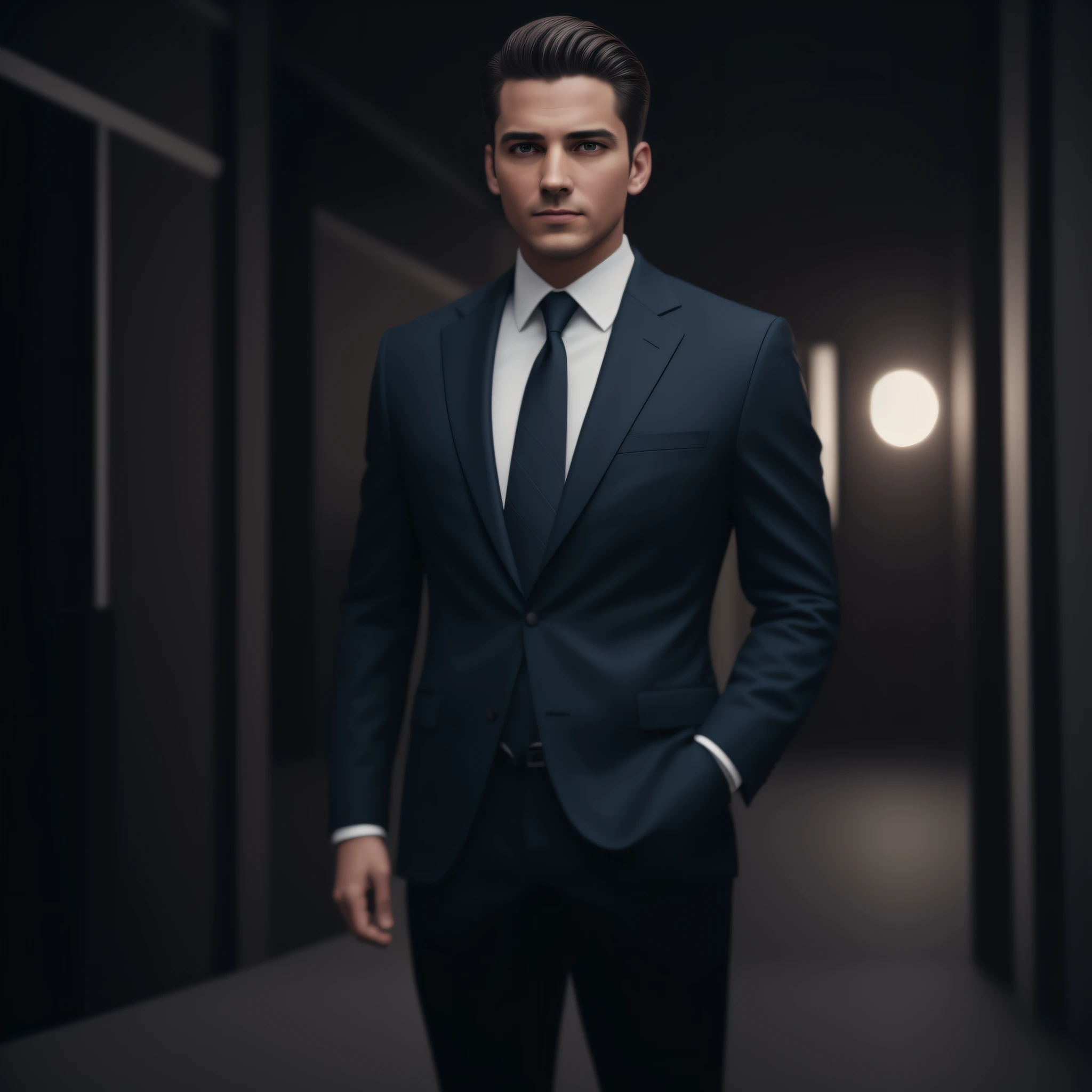 a Man standing with 30 years in suit and tie, body and head straight in the photo, DSRL, facing the viewer of the photo, eyes fixed to the lens, appears shoulders and head in the photo, man centered in the photo, 8k, best quality, masterpiece, realistic, realistic photo, movie photo, ultra realistic, 1 person, detailed,  Perfect lighting, DSRL, professional photo, 4k --auto --s2