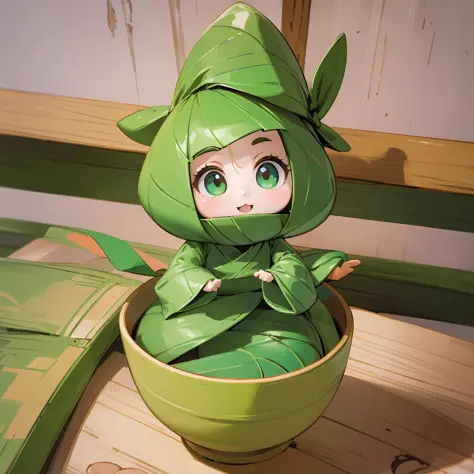 (a small doll with a green triangular hat), (sitting inside a large bowl), cute 3 d render, cute detailed digital art, cute digi...