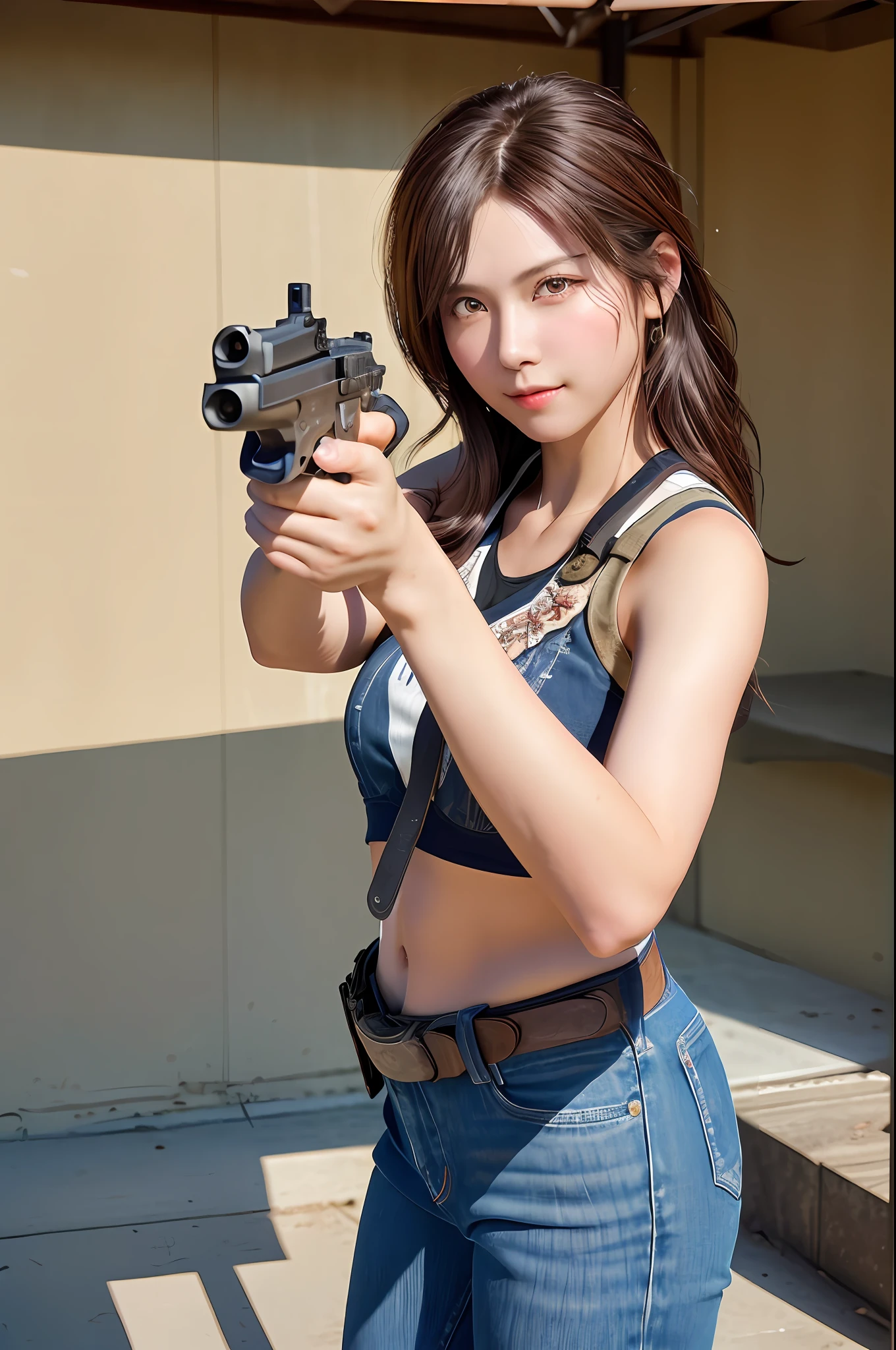 1girl, ((aiming at the viewer with a gun)), pistol, ((holding a handgun)), masterpiece, detailed shadows, detailed light, very detailed, best quality, HD, 4k, high quality,outdoor, station, cowboy shot, photography, professional lighting, ((decent looking gun)),
