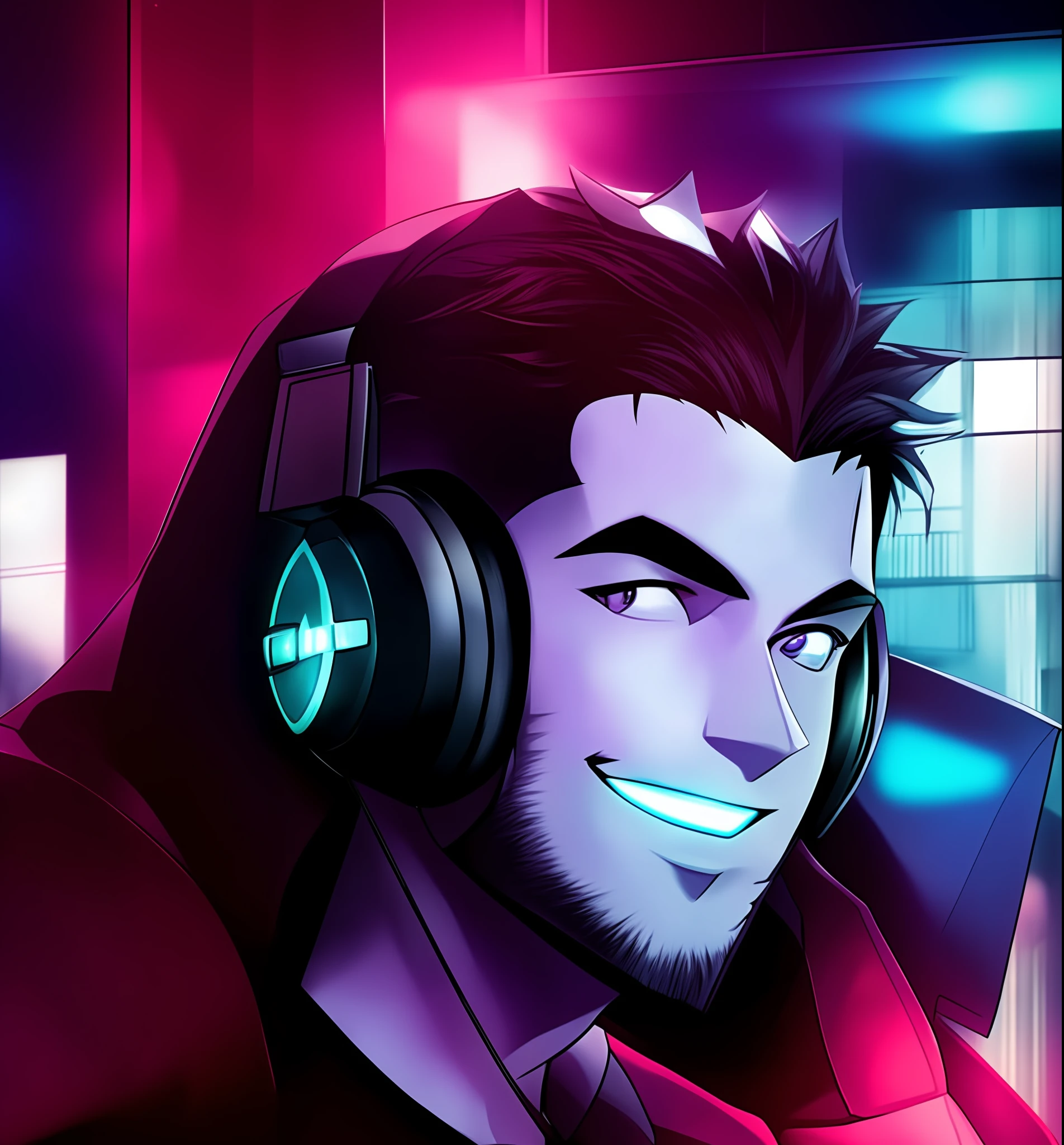 Anime man with headphones when listening to music in a room, 1024px profile picture, Twitch streamer/gamer Ludwig, IG Studios anime style, high quality portrait, Overwatch sigma, with headphones, overwatch, unknown art style, barret frymire, he has detailed headphones, red wall background, insane details,  Intricate details, hyperdetailed, low contrast, soft cinematic light, dark colors, exposure mix, HDR, front, (neon light: 1.4)