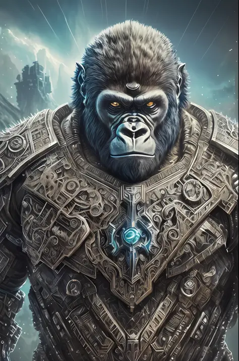 Space Ocean Warrior Cyberpunk Horror Sci-Fi Highly Detailed Portrait DND, Black Gorilla Face, ((Elaborate Detailed White Armor))((((Intricate Details)))), Epic Reality, Photos, Faded, Intricate Stuff Around, Intricate Background, Soaked, Neutral Colors, ((...