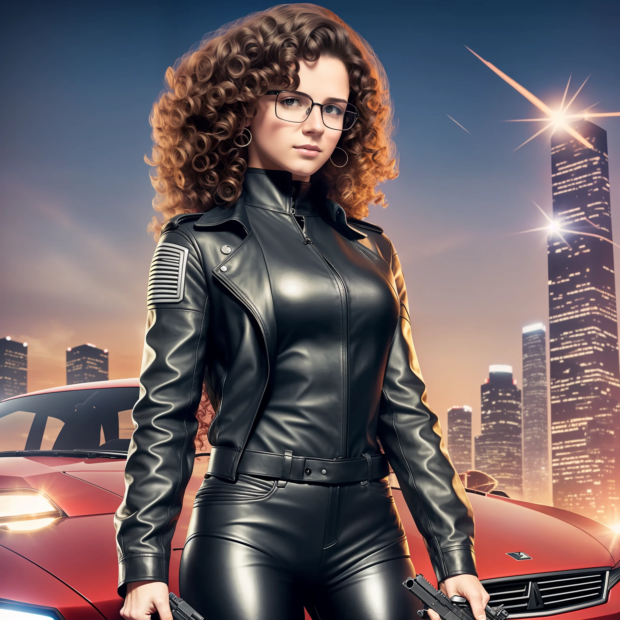 A woman in a leather outfit holding a gun in front of a car - SeaArt AI