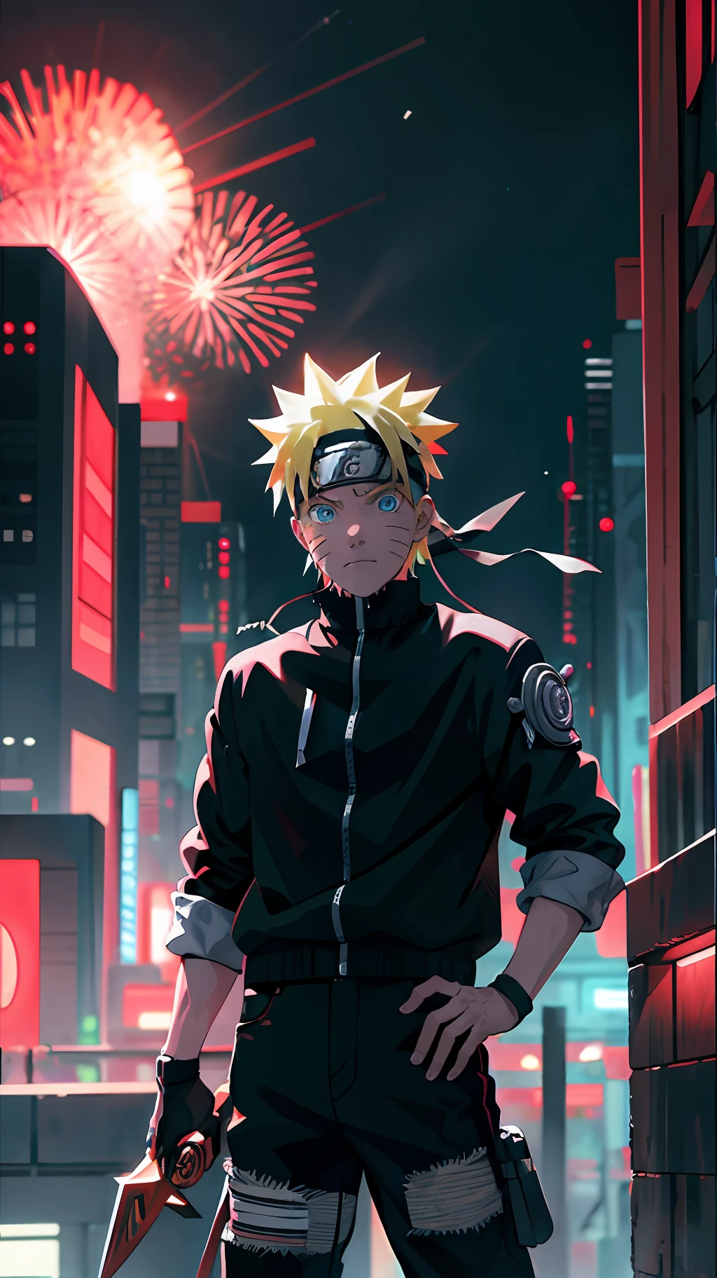 portrait, neon, 1 boy, shonen style, blond spiky hair, whisker marks on cheeks, black and red outfit, leather jacket, jeans, boots, bandana, cool, blue eyes, holding a kunai, full body, color --name Naruto Uzumaki --background city at night with futuristic buildings and holograms