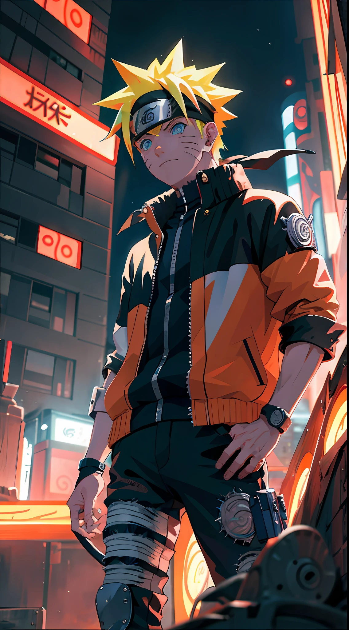 Porträt, Neon, 1 Junge, shonen style, stachelige blonde Haare, Kratzer auf den Wangen auf den Wangen, schwarze und rote Kleidung, Lederjacke, Jeans, Stiefel, Bandana, Cool, blaue Augen, Ganzkörper, Farbe - Name Naruto Uzumaki - Nachthintergrundstadt mit futuristischen Gebäuden und Hologrammen