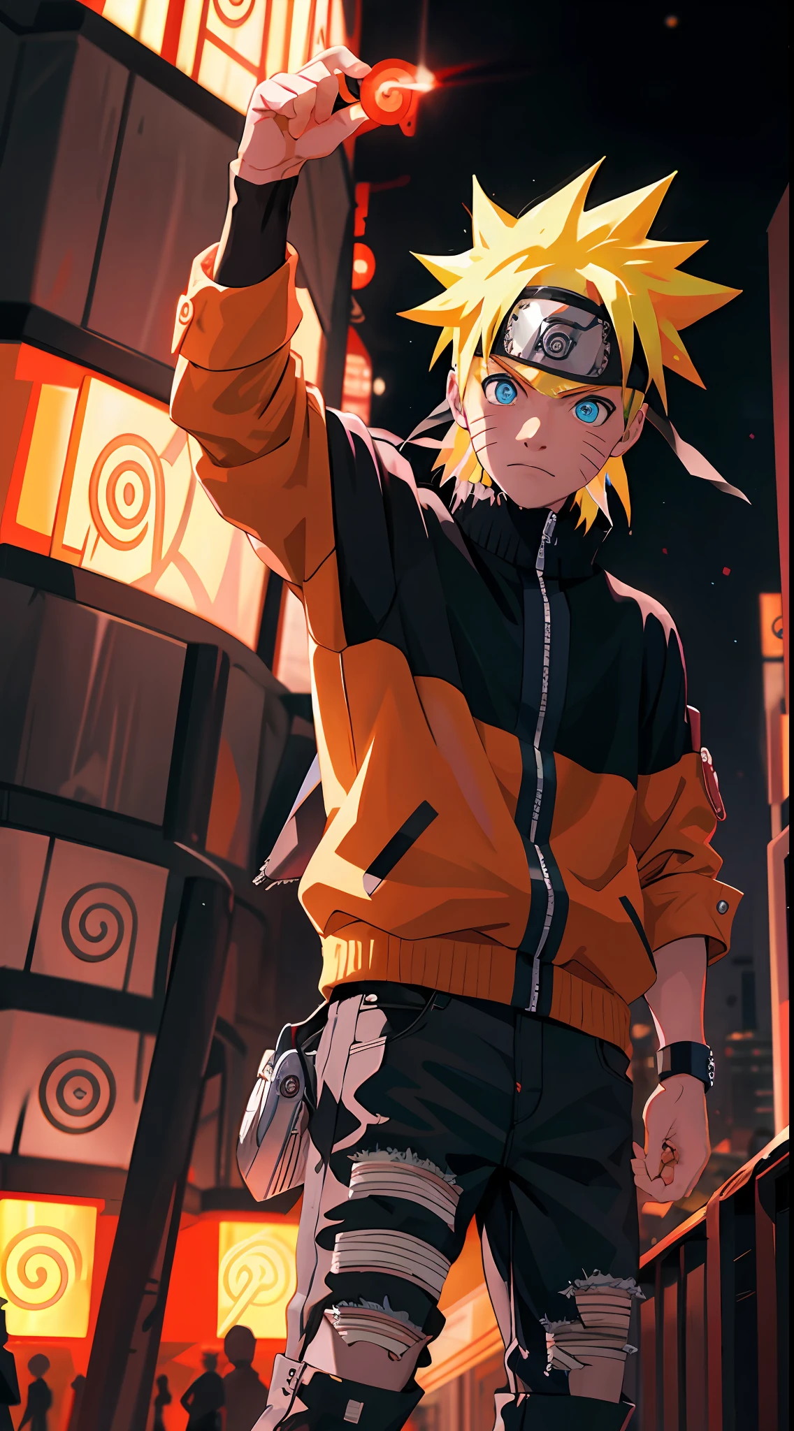 portrait, neon, 1 boy, shonen style, spiky blonde hair, scratches on cheeks on cheeks, black and red clothing, leather jacket, jeans, boots, bandana, cool, blue eyes, full body, color --name Naruto Uzumaki --night background city with futuristic buildings and holograms