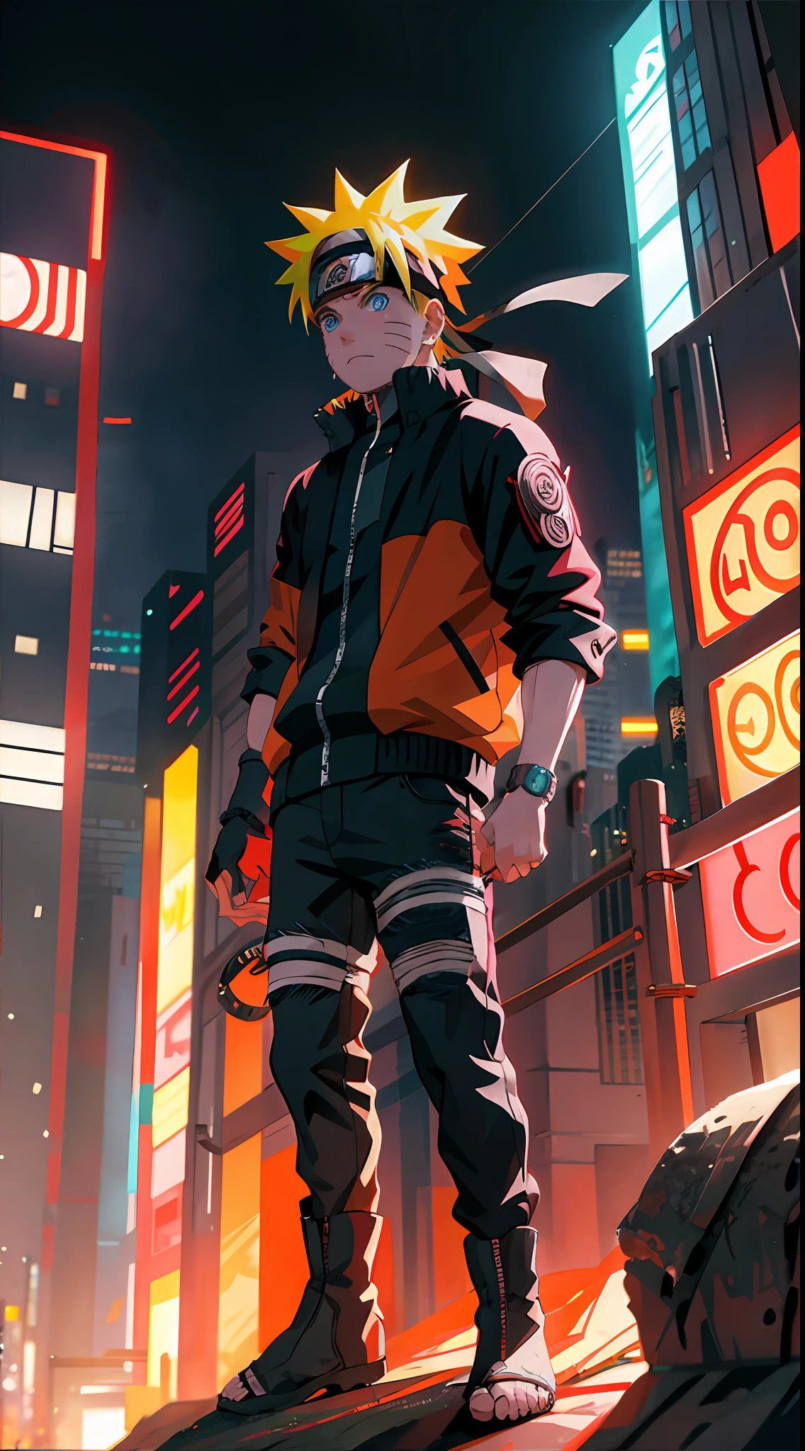 Porträt, Neon, 1 Junge, shonen style, stachelige blonde Haare, Kratzer auf den Wangen auf den Wangen, schwarze und rote Kleidung, Lederjacke, Jeans, Stiefel, Bandana, Cool, blaue Augen, Ganzkörper, Farbe - Name Naruto Uzumaki - Nachthintergrundstadt mit futuristischen Gebäuden und Hologrammen