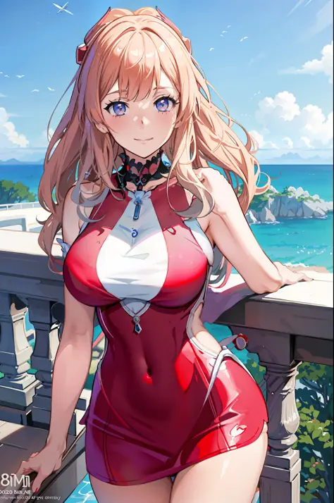anime girl in red and white swimsuit posing on a balcony, seductive anime girl, cute anime waifu in a nice dress, smooth anime c...