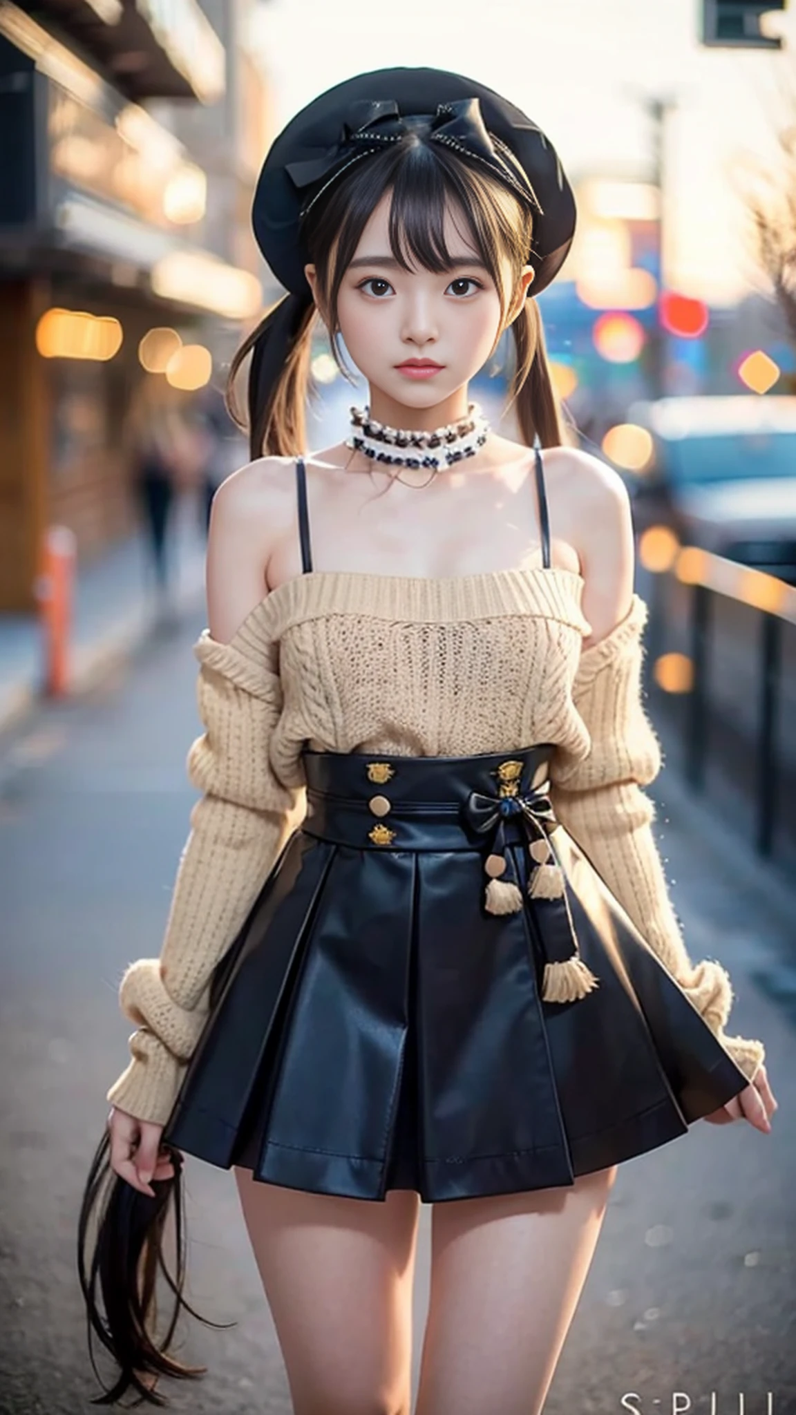 Thigh gaps, (((slim figure))),(((AKB 48))(Full body photo)), (sunset in the background))),(19 years old),(Small bust)))))), ((Wearing a hat deeply)))), (Long skirt)))), (Spring sweater)))), (Photorealism: 6, real)))), ((( Sideways and turning pose)),Perfect lower body shape,((Upside ponytail)),(Ribbon),(Has scrunchies on wrists)),Hair ornaments,Small waist