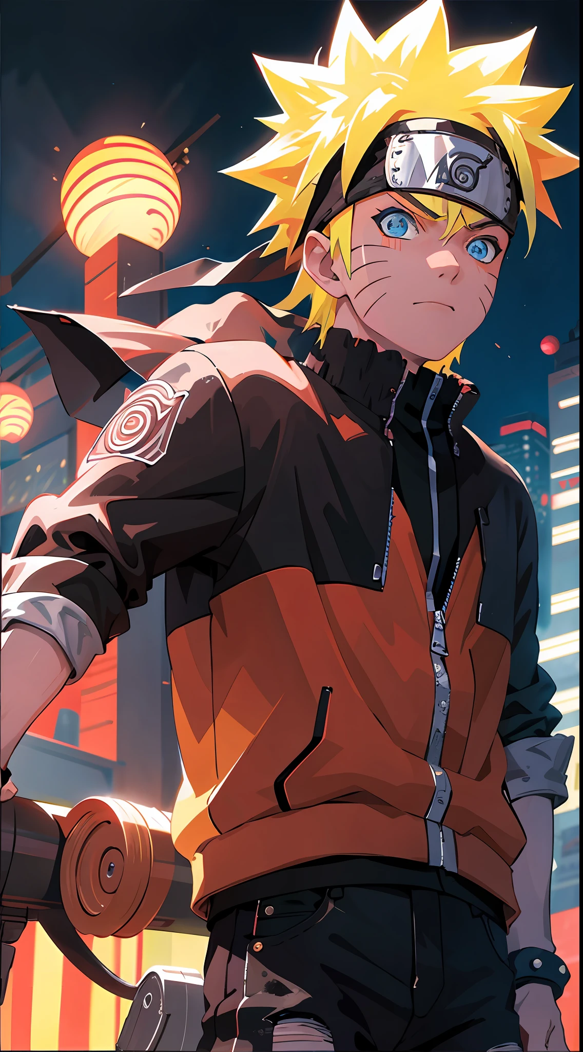 Porträt, Neon, 1 Junge, shonen style, stachelige blonde Haare, Kratzer auf den Wangen, schwarze und rote Kleidung, Lederjacke, Jeans, Stiefel, Bandana mit Blattsymbol, perfekte Augen, Cool, blaue Augen, Ganzkörper, Farbe - Name Naruto Uzumaki - Nachthintergrundstadt mit futuristischen Gebäuden und Hologrammen