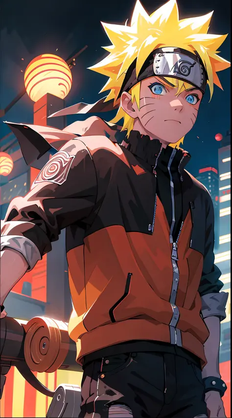 portrait, neon, 1 boy, shonen style, spiky blonde hair, scratches on cheeks, black and red clothing, leather jacket, jeans, boot...