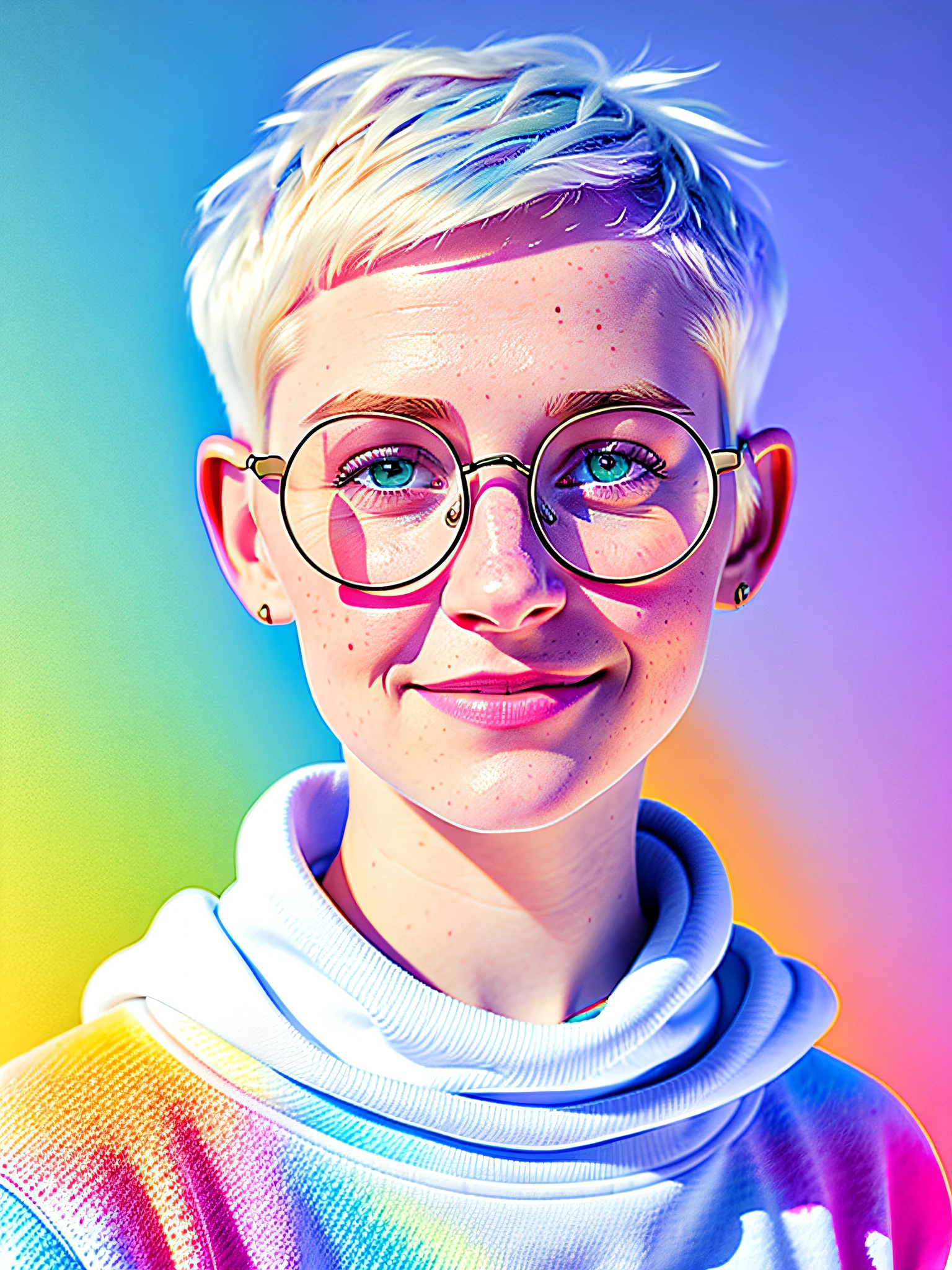 Porträt von Ilya Kuvshinov und Annie Leibowitz schöne lächelnde  [weiße schwedische Blondine] Frau mit einigen Sommersprossen trägt [hoodie], Regenbogen-Ringbrille, [kurzes Haar, (((Pixie-Schnitt)))], azurblaue Augen,schneebedeckter berglandschaftshintergrund. Synthwave Aquarell auf Leinwand Trends Artstation dramatische Beleuchtung abstrakter Expressionismus Pastelltöne (HD) Goldener Schnitt, Detail, Ästhetik, Oktan-Rendering, hervorragende Komposition, natürliche Textur, 8k-Ölgemälde, Meisterwerk, Canon EOS R4S 50