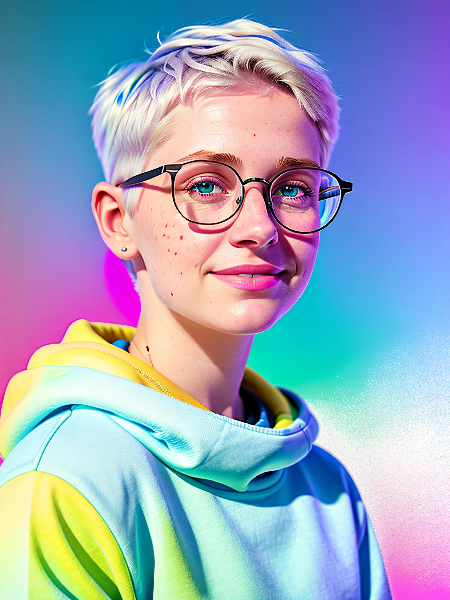 Portrait of ilya kuvshinov and annie leibowitz beautiful smiling  [white swedish blonde] woman with some freckles wearing [hoodie], rainbow circle-glasses, [short hair, (((pixie cut)))], azure eyes,snow covered mountain landscape background. synthwave watercolor on canvas trends artstation dramatic lighting abstract expressionism pastel tones (HD) golden ratio detail aesthetics octane rendering excellent composition natural texture 8k oil painting masterpiece Canon eos r4s 50