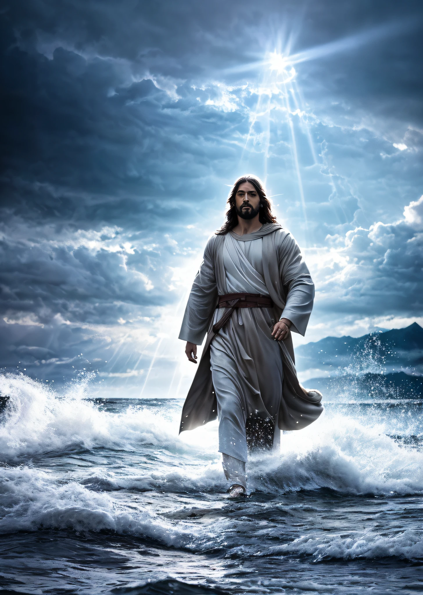 Jesus walking on water in a storm, gentle expression, streaks of light coming down from the sky, masterpiece, highest quality, high quality, highly detailed CG unit 8k wallpaper, award-winning photos, bokeh, depth of field, HDR, bloom, chromatic aberration, realistic, very detailed, trending at artstation, trending at CGsociety, complex, high detail, dramatic, mid-journey art, volumetric lighting