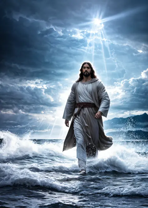 Jesus walking on water in a storm, gentle expression, streaks of light coming down from the sky, masterpiece, highest quality, high quality, highly detailed CG unit 8k wallpaper, award-winning photos, bokeh, depth of field, HDR, bloom, chromatic aberration...
