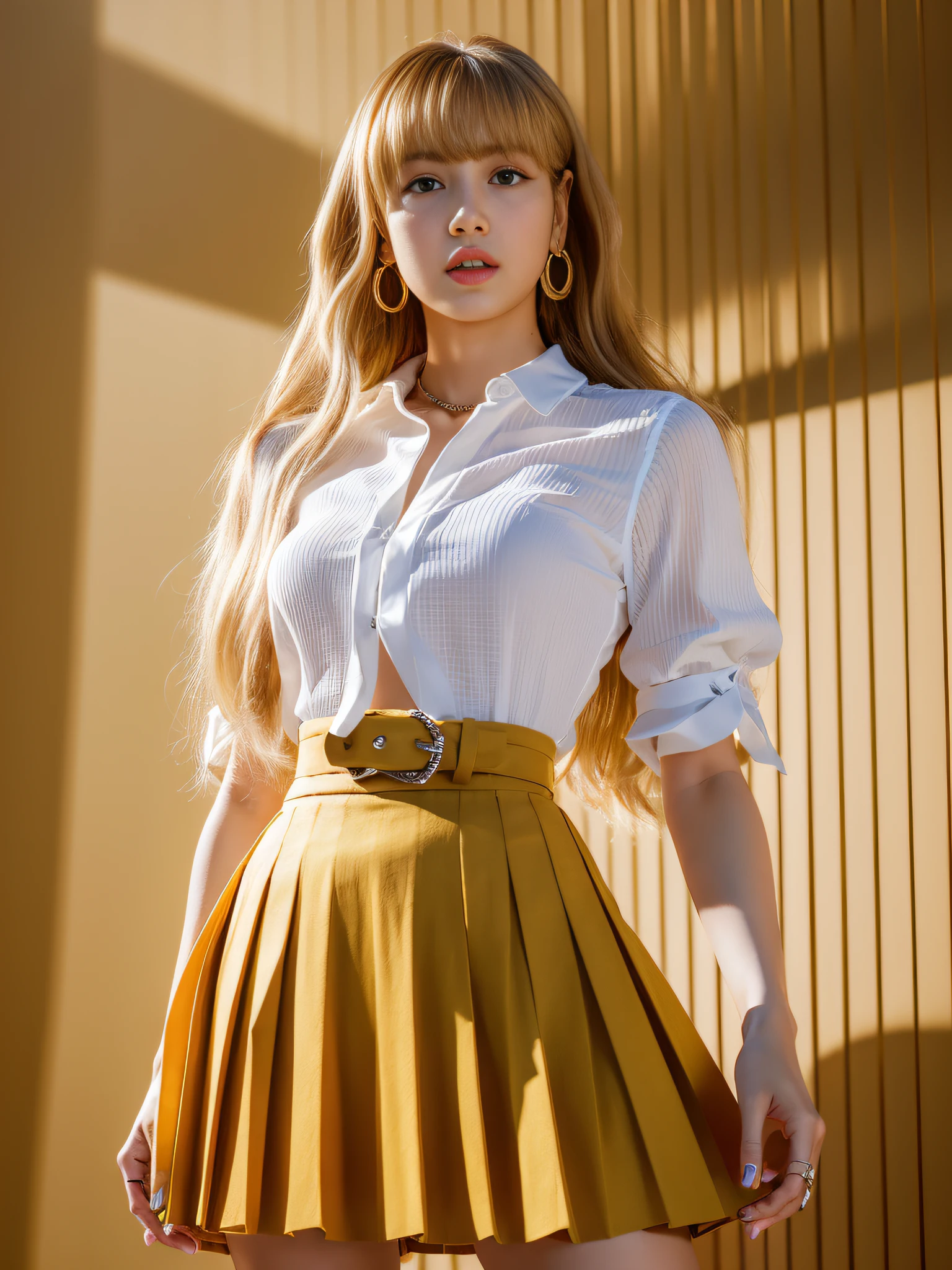 Lisa yellow long hair, Lisa face shape, with earrings, wearing a white shirt, open waist, pleated skirt, long legs, masterpiece, superlative, realistic, HD, photographic lighting, 16k