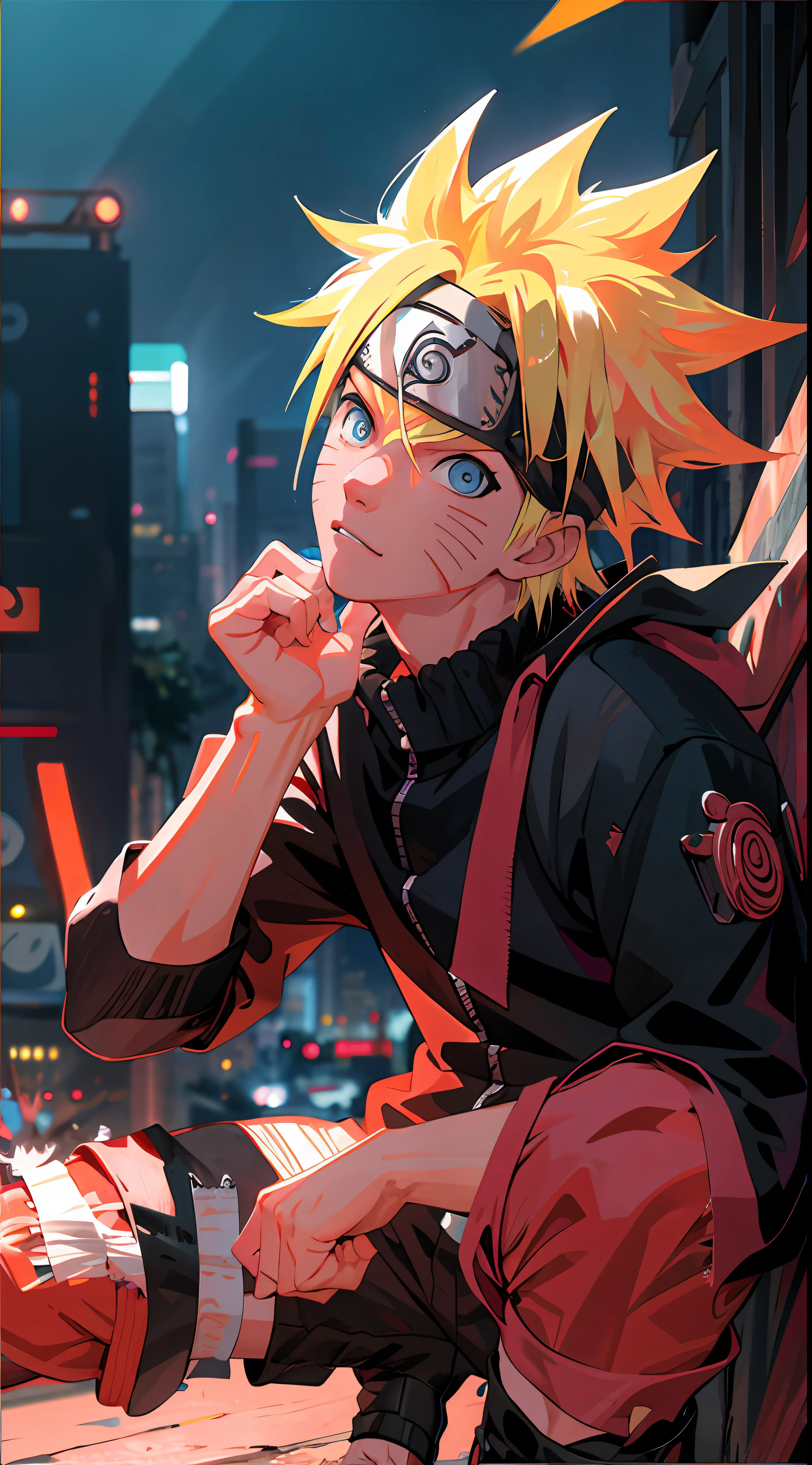 Porträt, Neon, 1 Junge, shonen style, stachelige blonde Haare, Kratzer auf den Wangen, schwarze und rote Kleidung, Lederjacke, Jeans, Stiefel, Bandana mit Blattsymbol, perfekte Augen, Cool, blaue Augen, Ganzkörper, Farbe - Name Naruto Uzumaki - Nachthintergrundstadt mit futuristischen Gebäuden und Hologrammen