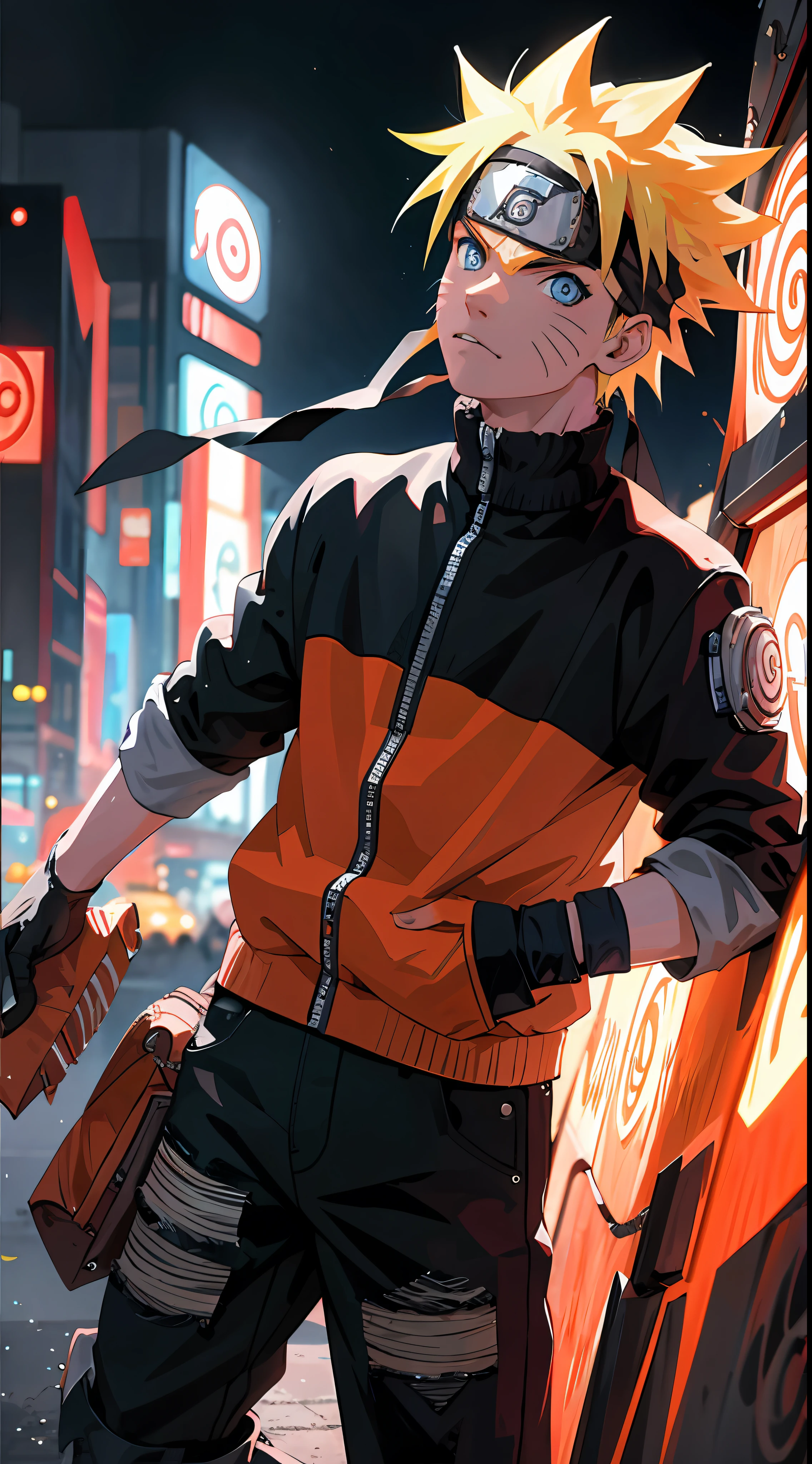 Porträt, Neon, 1 Junge, shonen style, stachelige blonde Haare, Kratzer auf den Wangen, schwarze und rote Kleidung, Lederjacke, Jeans, Stiefel, Bandana mit Blattsymbol, perfekte Augen, Cool, blaue Augen, Ganzkörper, Farbe - Name Naruto Uzumaki - Nachthintergrundstadt mit futuristischen Gebäuden und Hologrammen