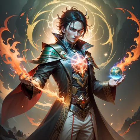 Create an image of a magician in a magical and futuristic setting. The magician must be wearing a splendid costume in the combination of green and gold, with technological details and elements that make it a unique and advanced costume. Its appearance shou...