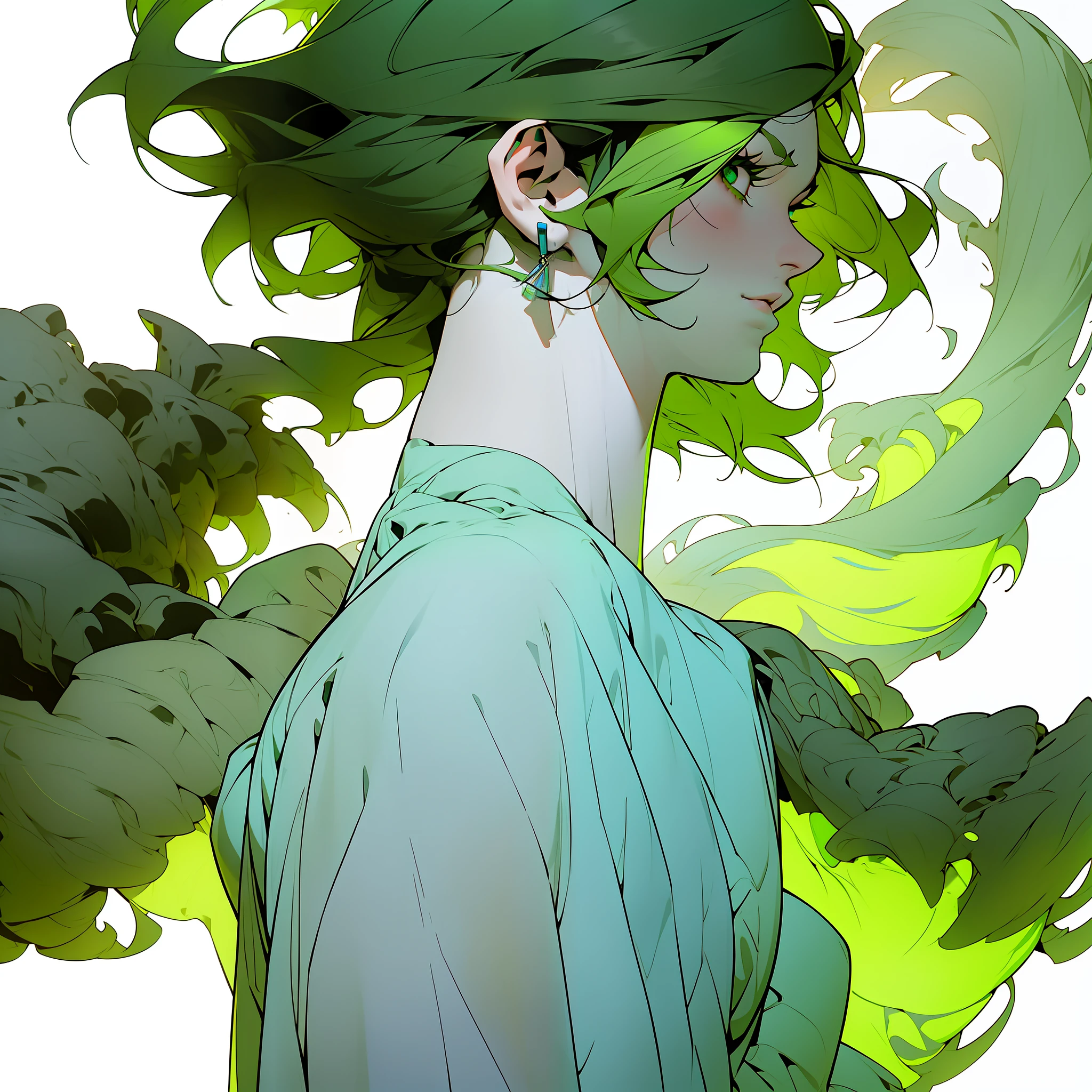 Arafed woman with green hair and a blue sweater, short green hair, short green bobcut, disheveled short green hair, green hair, bright green hair, she looks like a mix of grimes, wavy green hair, hair, with broccoli hair, resembling a mix of grimes, looks like a mix of grimes, green mane, billie eilish