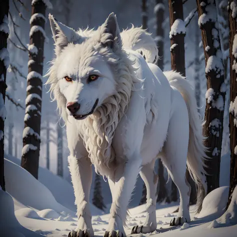 "um lobo branco" -> 
(extremely detailed CG unity 8k wallpaper,masterpiece, best quality, ultra-detailed), White wolf, fierce lo...