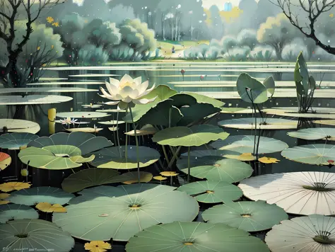 a quiet lotus pond, monet style, high quality, masterpiece, realism