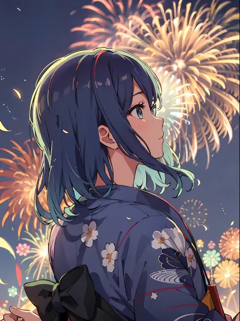 looking from behind, looking up at the sky, yukata, festival, (fireworks: 1.5), akane, blue eyes, blue hair, long hair, from an ...