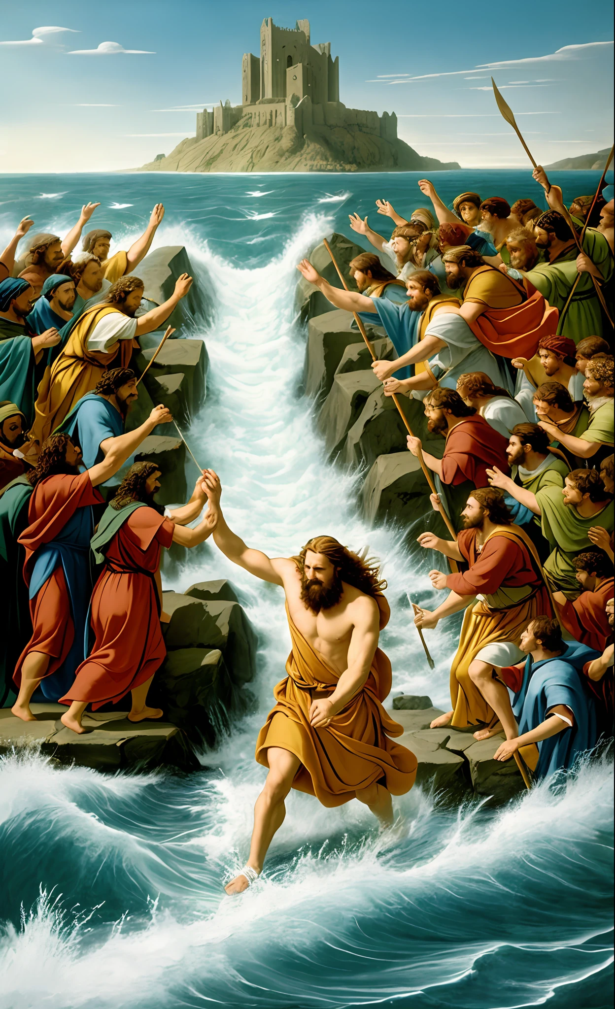 Moses separating the sea leading his followers to the promise land at the end