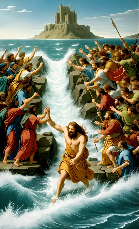 Moses separating the sea leading his followers to the promise land at the end