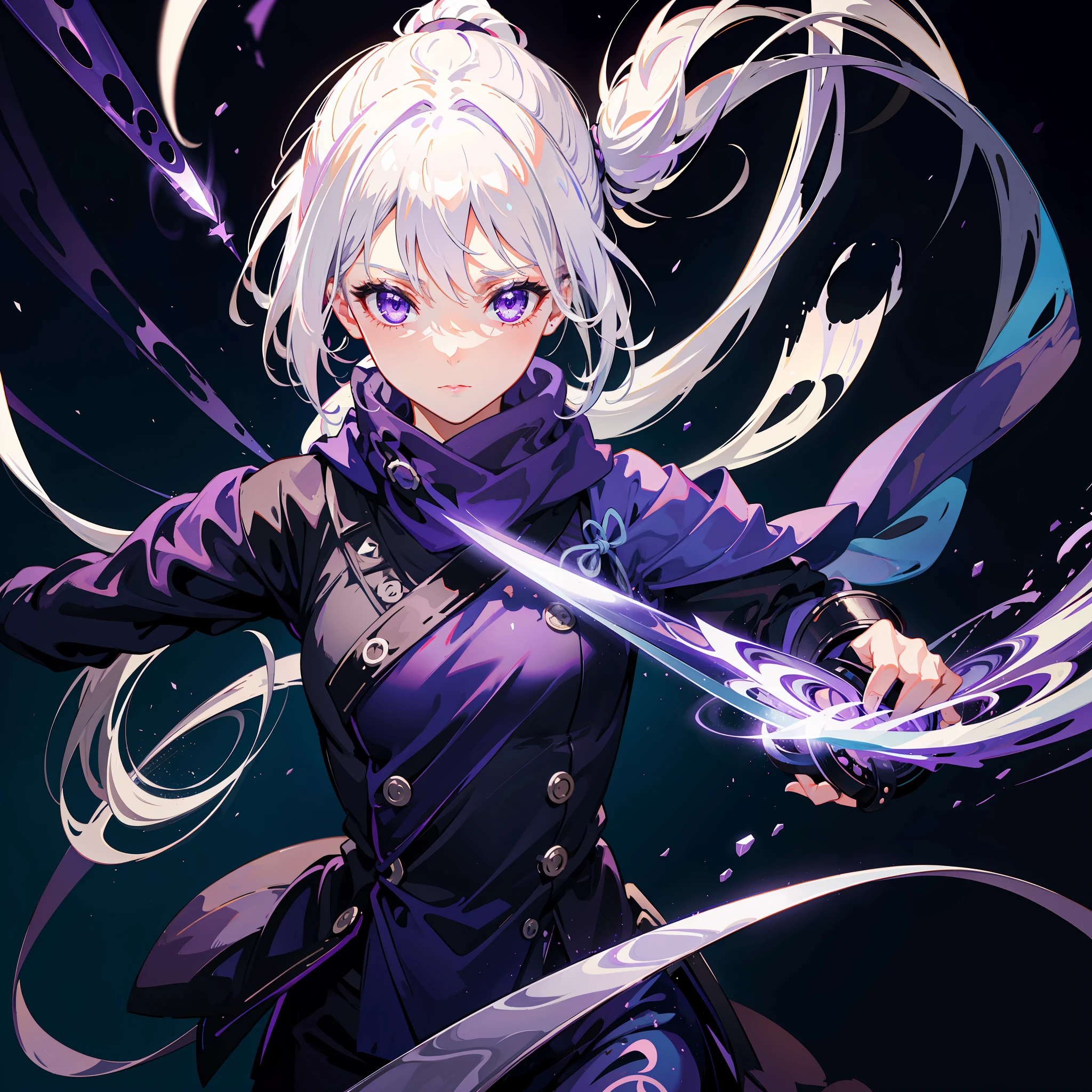 upper body, 1girl, white hair, ponytail, purple eyes, (ninja), short sword, medium breats ,scarf, wallpaper, magic circle background, light particles, blue fire,