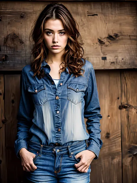 (photo shoot style), sad girl with a beautiful figure ((wears old torn clothes)), (shy), (((full-length))) 1 girl, solo, brown, curly and disheveled hair, very detailed face, beautiful eyes, [thin, haggard], surrounded by an old American ranch, barn, charm...