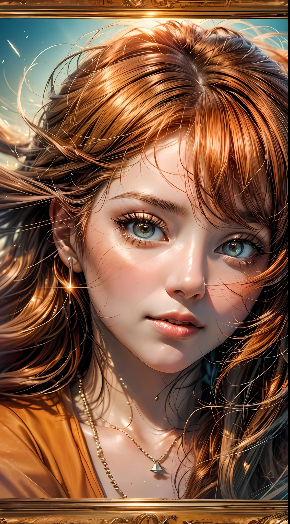 Eine Nahaufnahme des Gesichts einer Frau, in warmen Orangetönen getaucht, wie vom sanften Schein eines Sonnenuntergangs beleuchtet, Ihre Augen funkeln vor Freude und Zufriedenheit, umrahmt von wallenden kastanienbraunen Haarsträhnen, Fotografie, Aufgenommen mit einem 35mm Objektiv